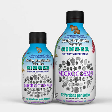 Microcosmo liquid probiotics with ginger, featuring two bottle sizes for daily use and dietary support.