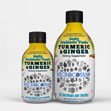 Turmeric Microcosmo probiotics, liquid supplement with ginger, 32 servings bottle, promotes digestive health and wellness.