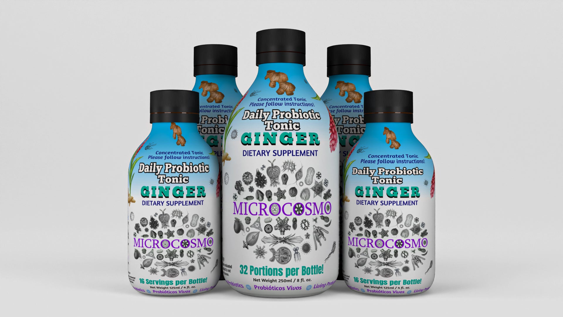 Microcosmo probiotic tonic bottles with ginger, offering 32 servings for digestive health and gut balance.